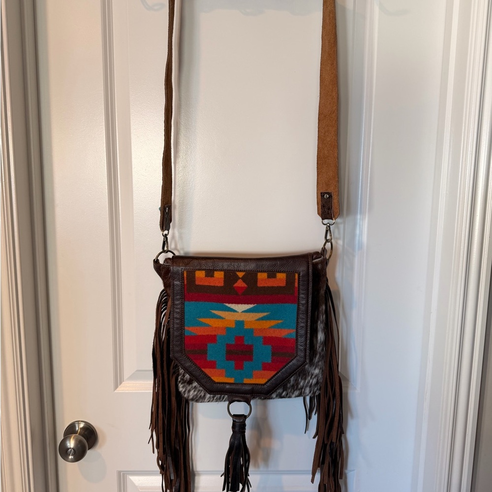 Hand Crafted Genuine Leather, Cow Hide, and Pendleton Crossbody Fringe Purse